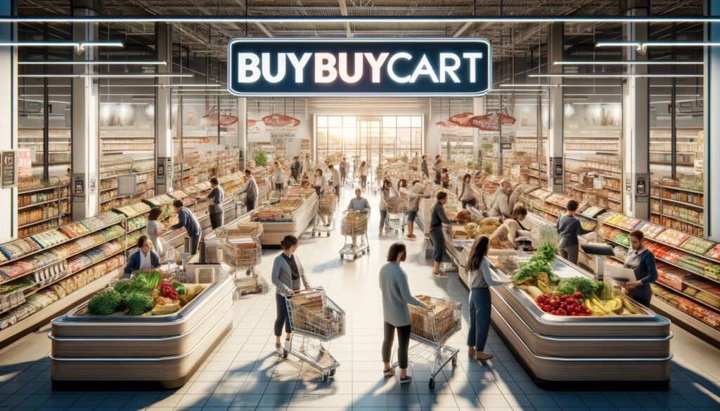 A bustling buybuycart grocery store with loyal customers shopping for groceries.