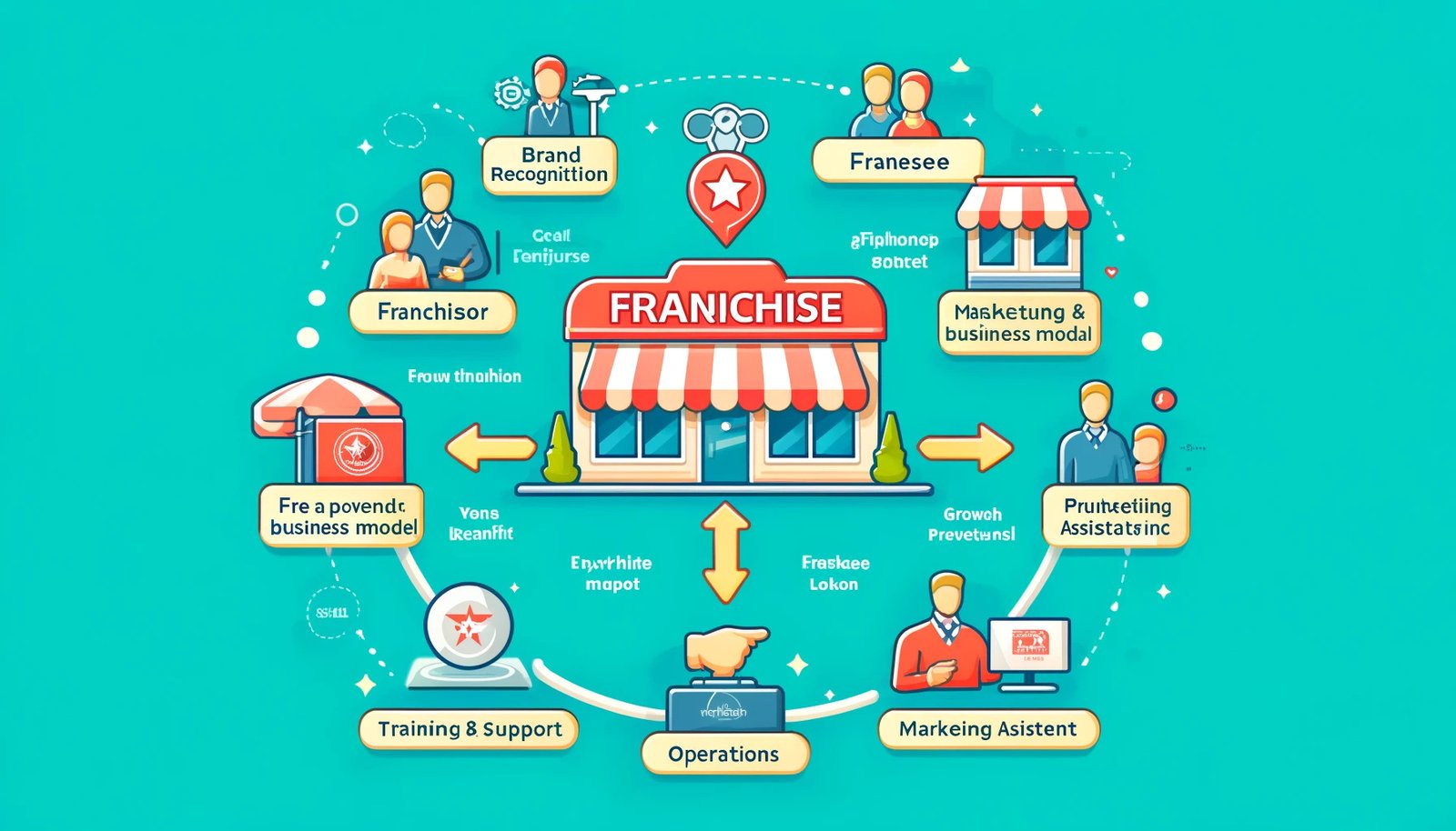 A diagram showing the flow of a franchise business model with key benefits highlighted.