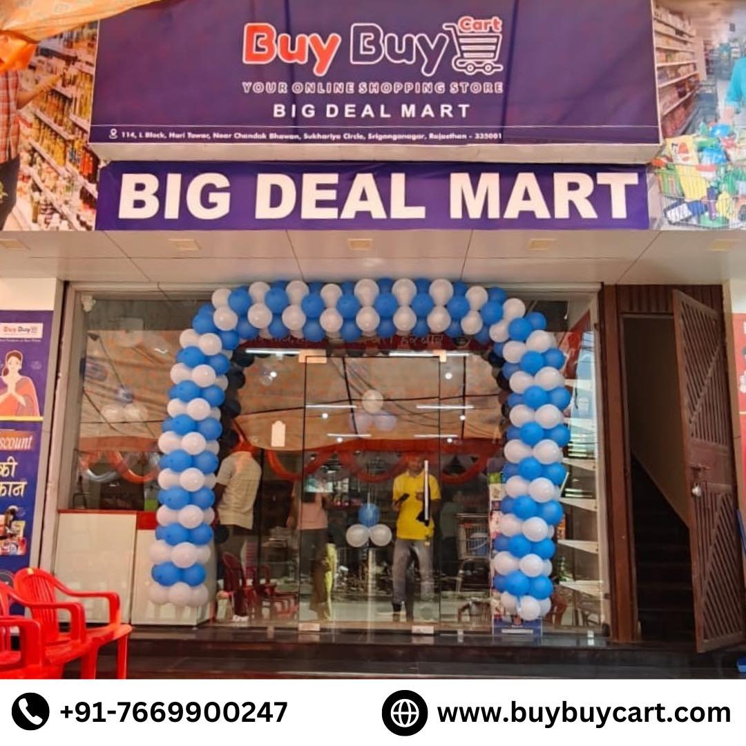 A grand opening event for a buybuycart grocery franchise, complete with balloons, banners, and excited customers.