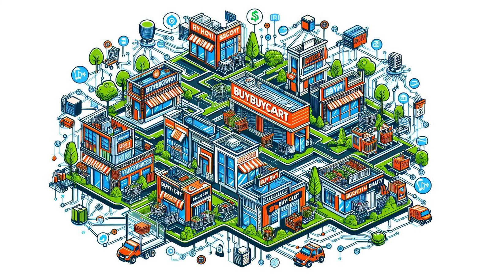 An illustration of a growing network of franchise stores across different locations.